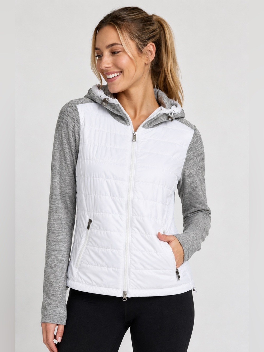 Athleta Hybrid Quilted Jacket XS Gray White Hooded Zip Athleisure